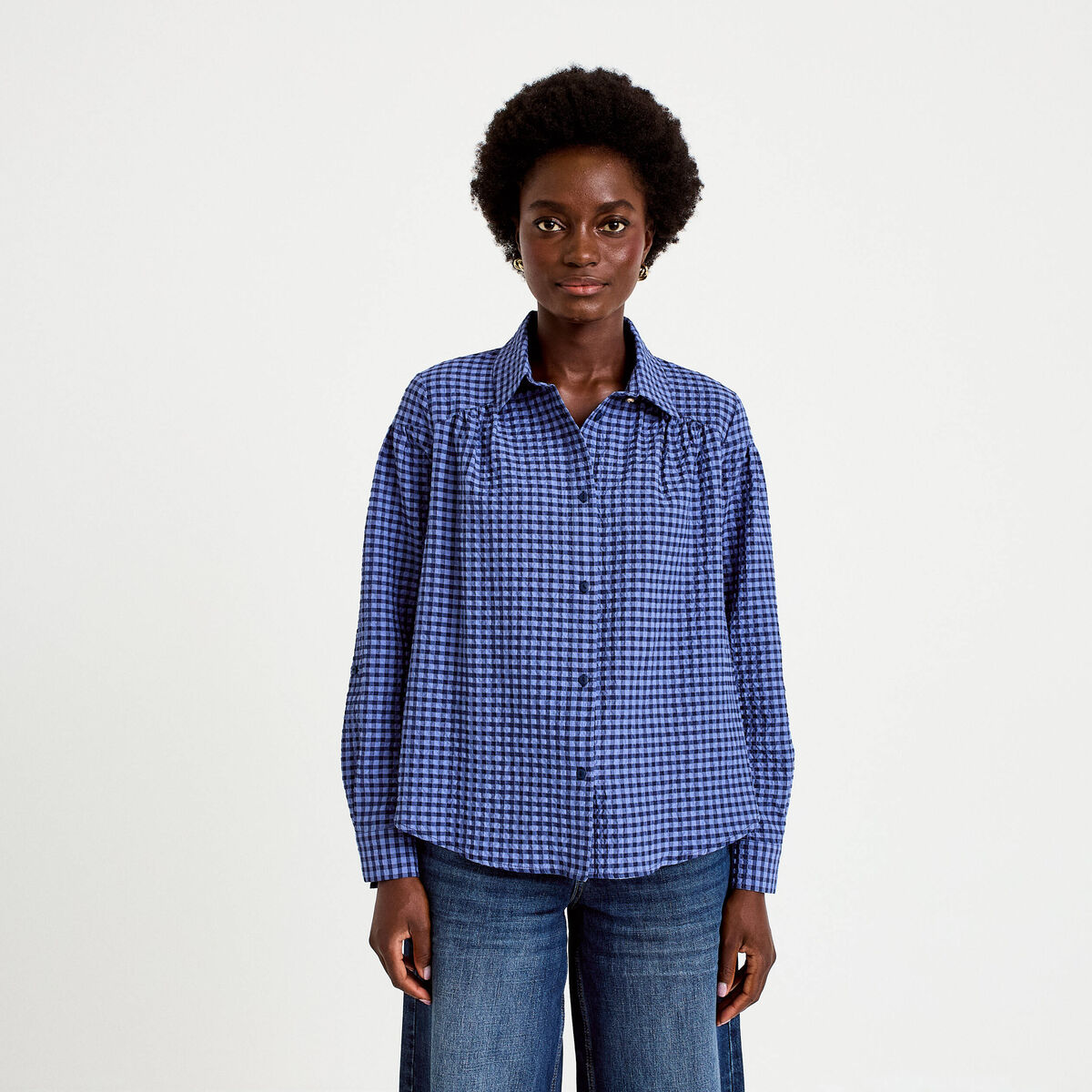 Chemise ample manches longues vichy bleu femme