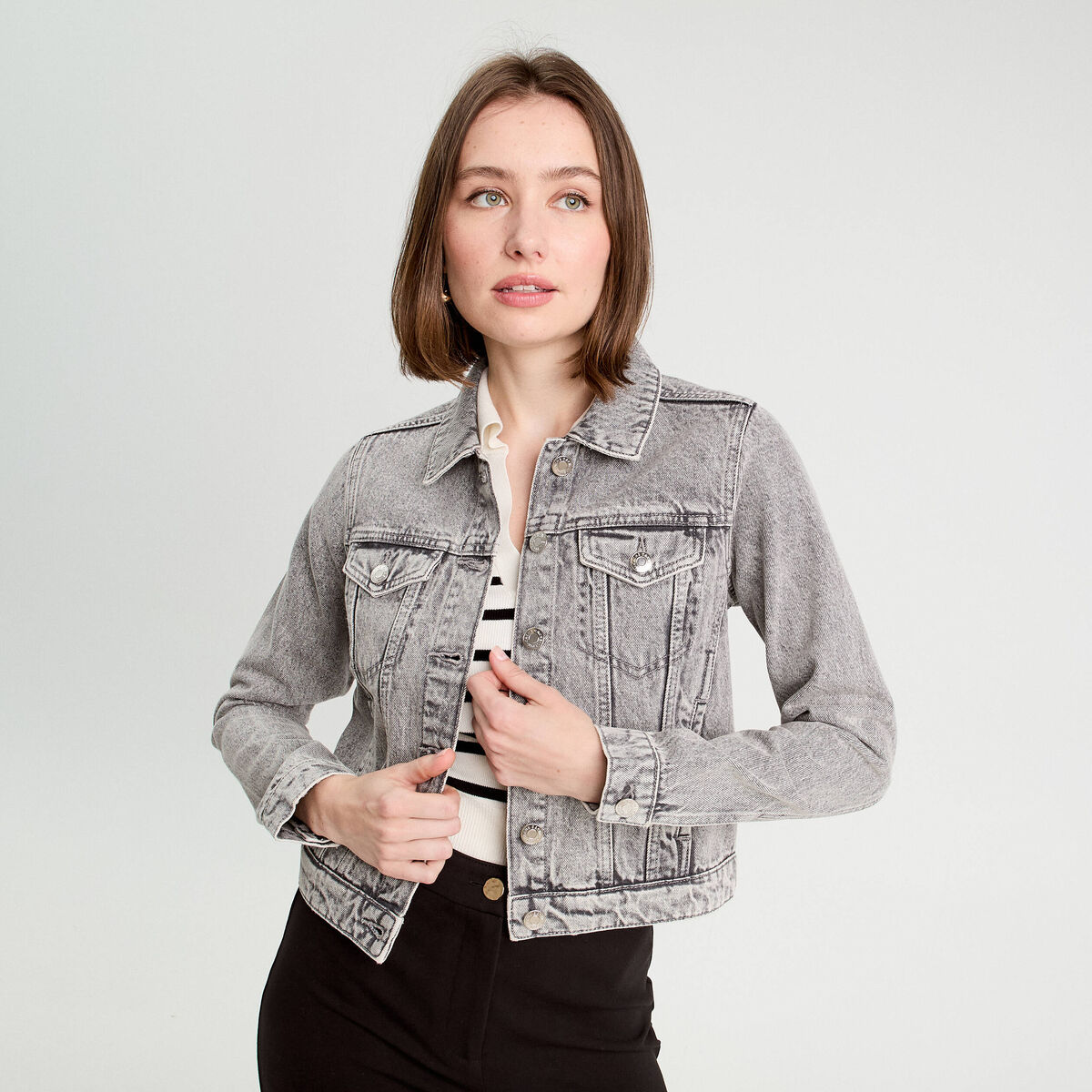 Veste boutonnée en jean denim gris femme