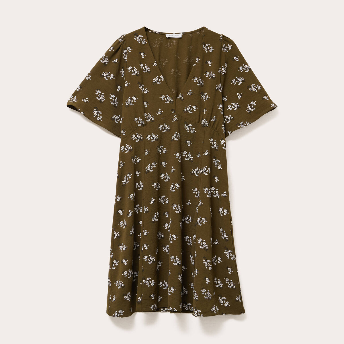 Robe évasée manches courtes vert kaki femme