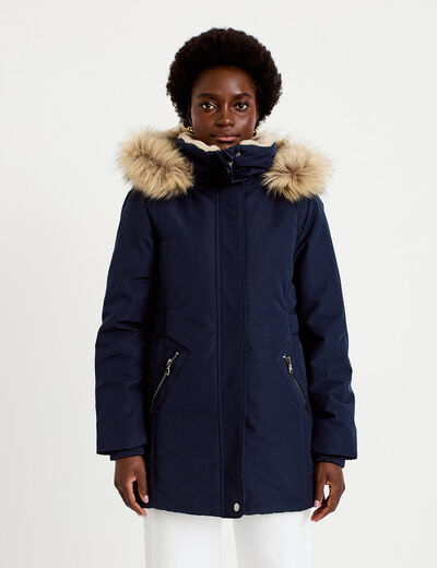 Parka &agrave; capuche fausse fourrure bleu marine femme