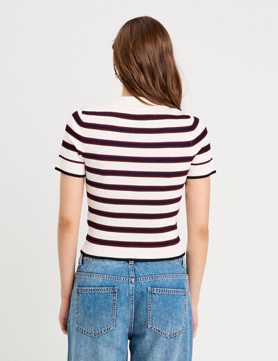 Pull manches courtes col polo blanc femme