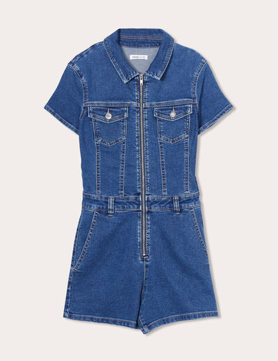 Combishort zippée en jean denim double stone femme