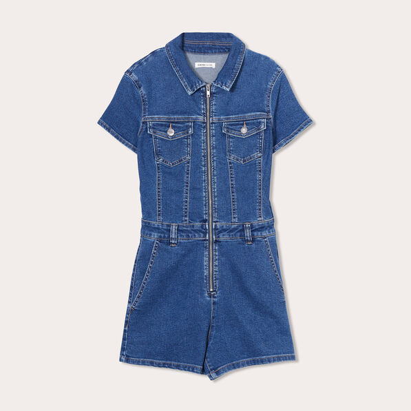 Combishort zippée en jean denim double stone femme