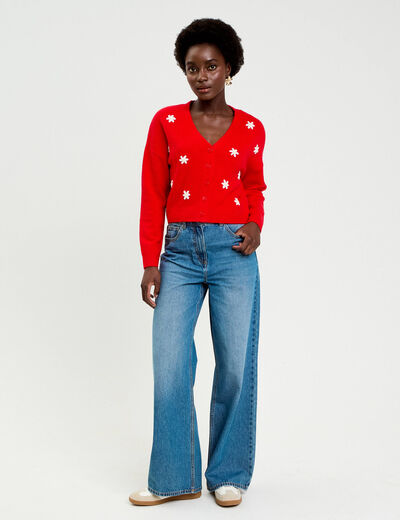 Gilet avec fleurs brod&eacute;es rouge femme