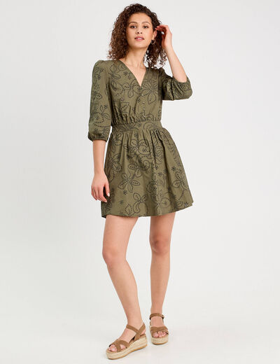 Robe évasée brodée vert kaki femme