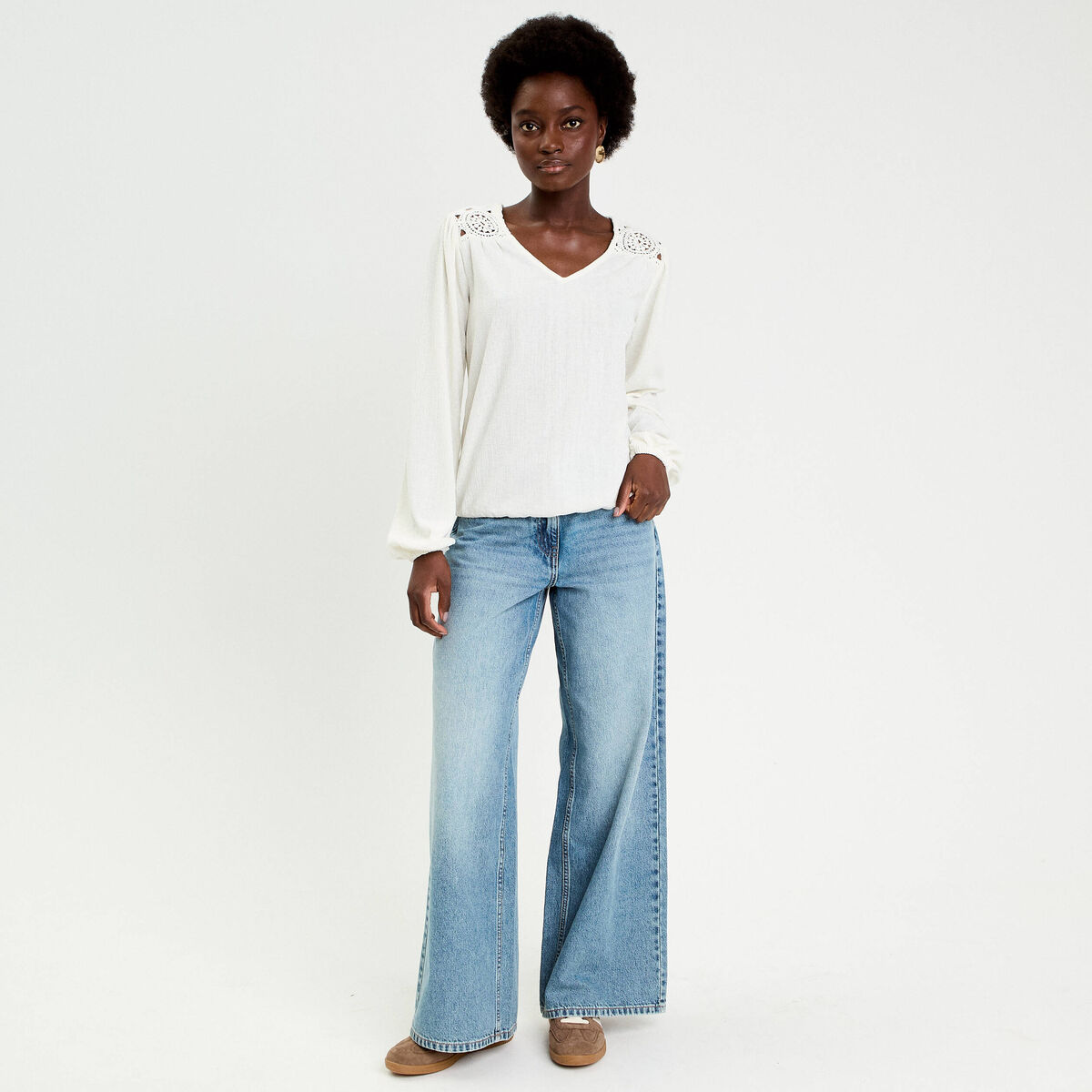 Blouse macram&eacute; bas &eacute;lastiqu&eacute; ecru femme