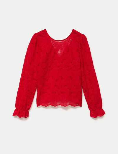 Blouse droite col v en dentelle rouge femme