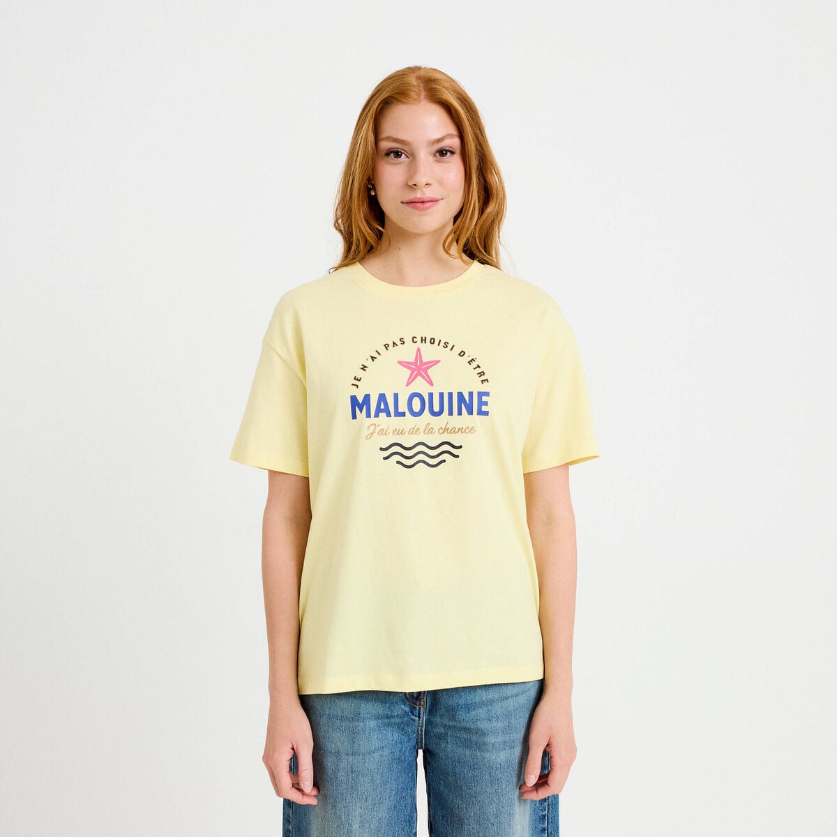 T-shirt col rond manches courtes jaune pastel femme