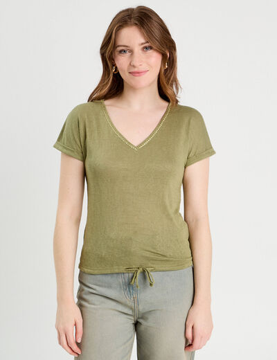 T-shirt détail noeud vert kaki femme