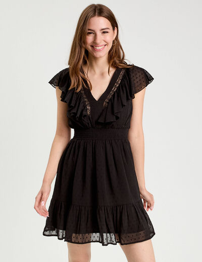 Robe évasée plumetis noir femme