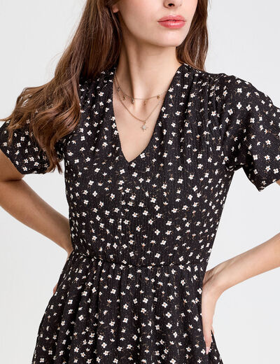Robe courte évasée col v manches courtes noir femme