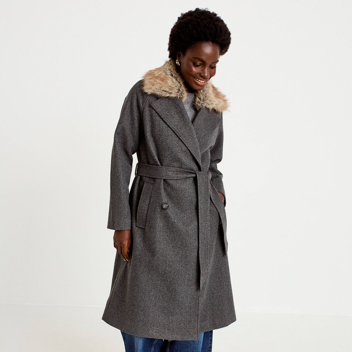 Manteau droit mi-long &agrave; manches longues gris femme
