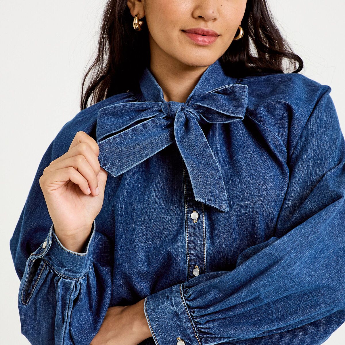 Chemise ample en jean col montant denim stone femme