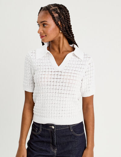 Polo manches courtes ajouré blanc femme
