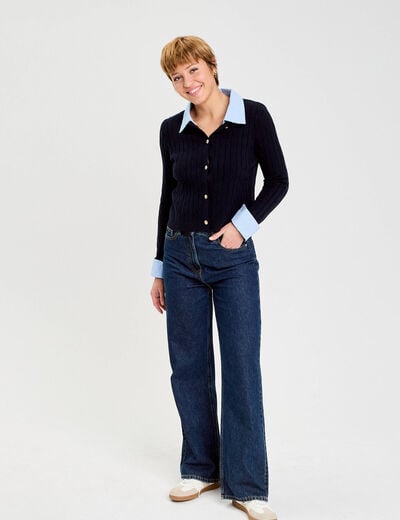 Gilet col chemise manches longues bleu marine femme