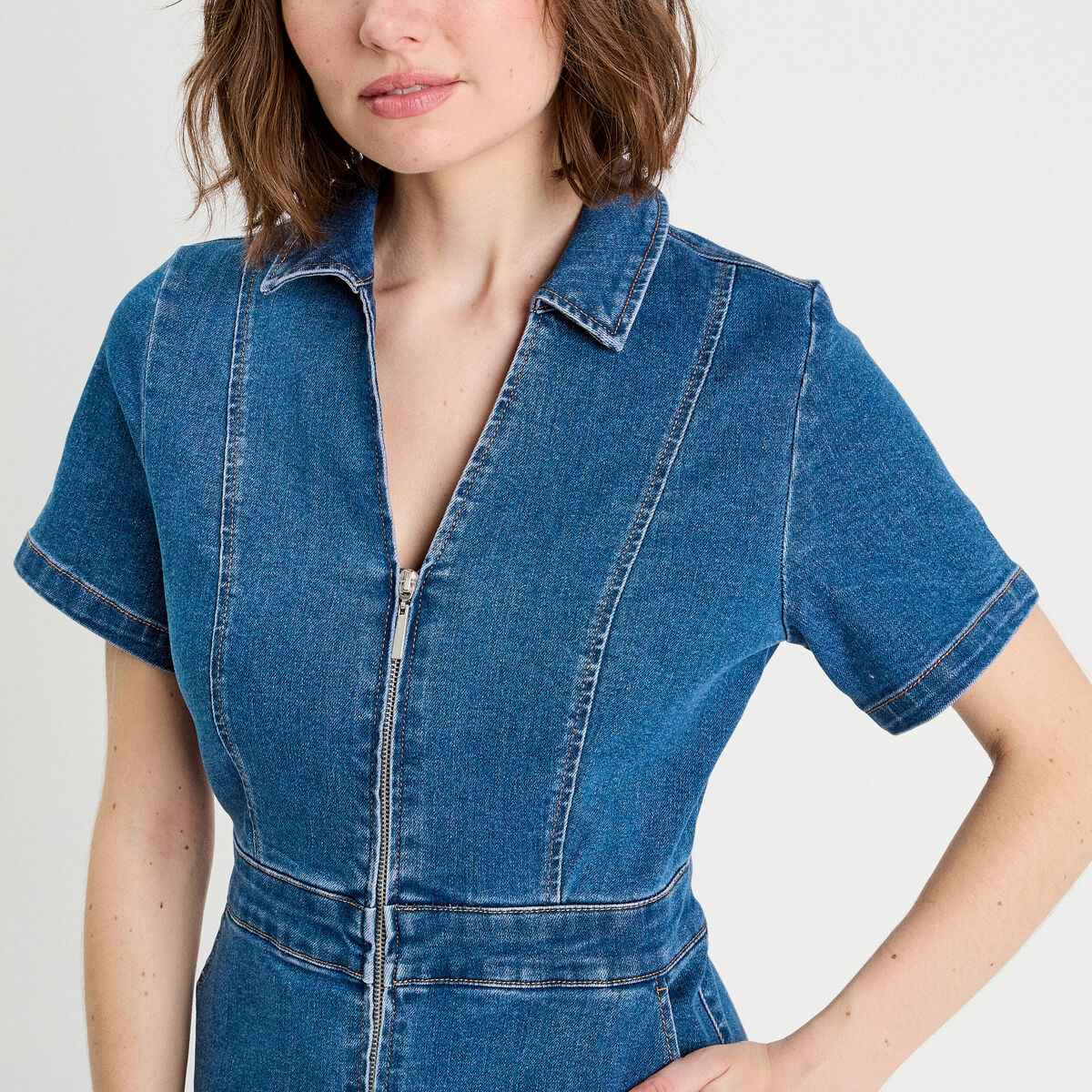 Robe droite zippée en jean denim stone femme