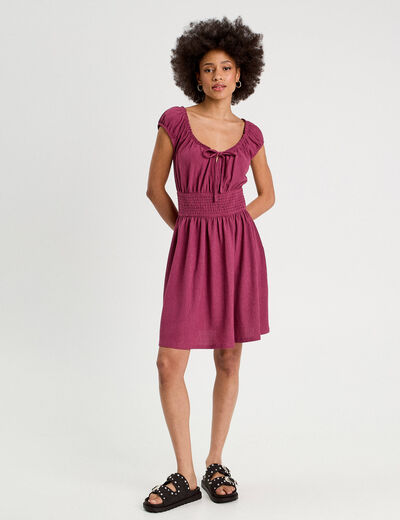 Robe évasée taille smockée prune femme