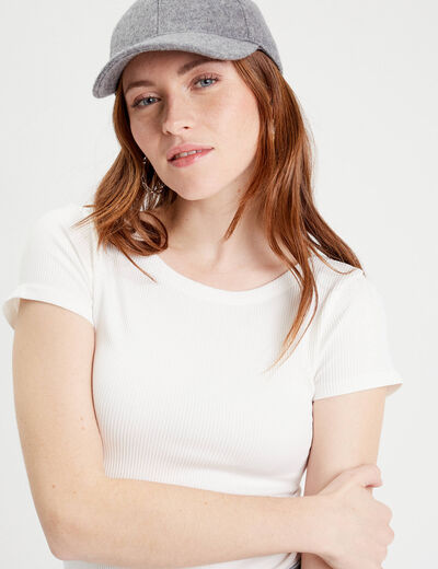 T-shirt manches courtes côtelé ecru femme