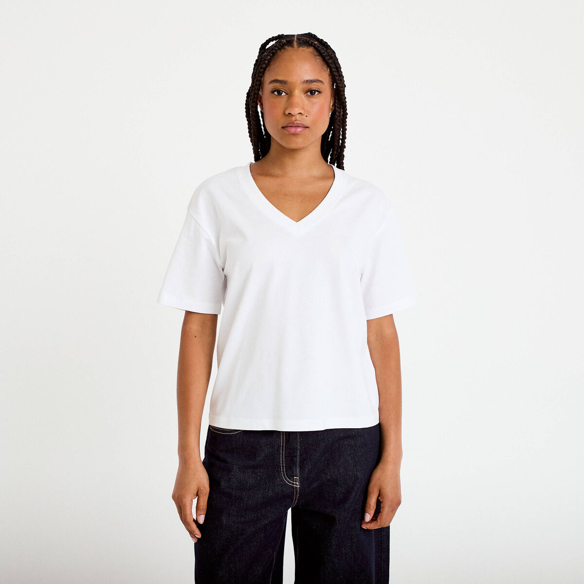 T-shirt col v manches courtes blanc femme