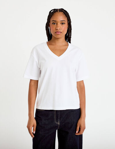 T-shirt col v manches courtes blanc femme