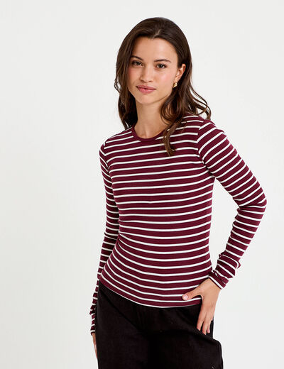 T-shirt ajust&eacute; col rond manches longues rose femme