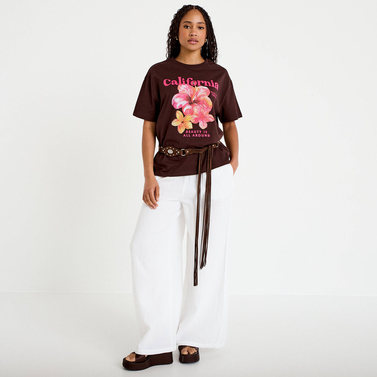 Pantalon large taille standard blanc femme