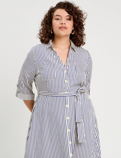 Robe longue chemise ceinturée bleu marine femme