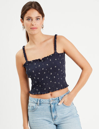 Débardeur smocké bleu marine femme