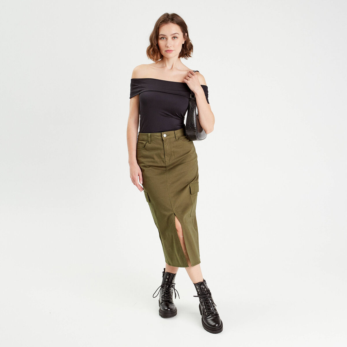 Jupe midi droite poches rabats vert foncé femme