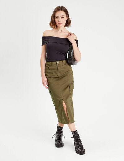 Jupe midi droite poches rabats vert foncé femme