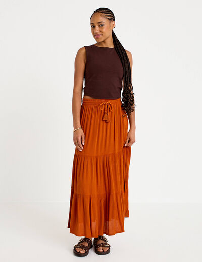 Jupe longue pliss&eacute;e &eacute;vas&eacute;e orange fonc&eacute; femme