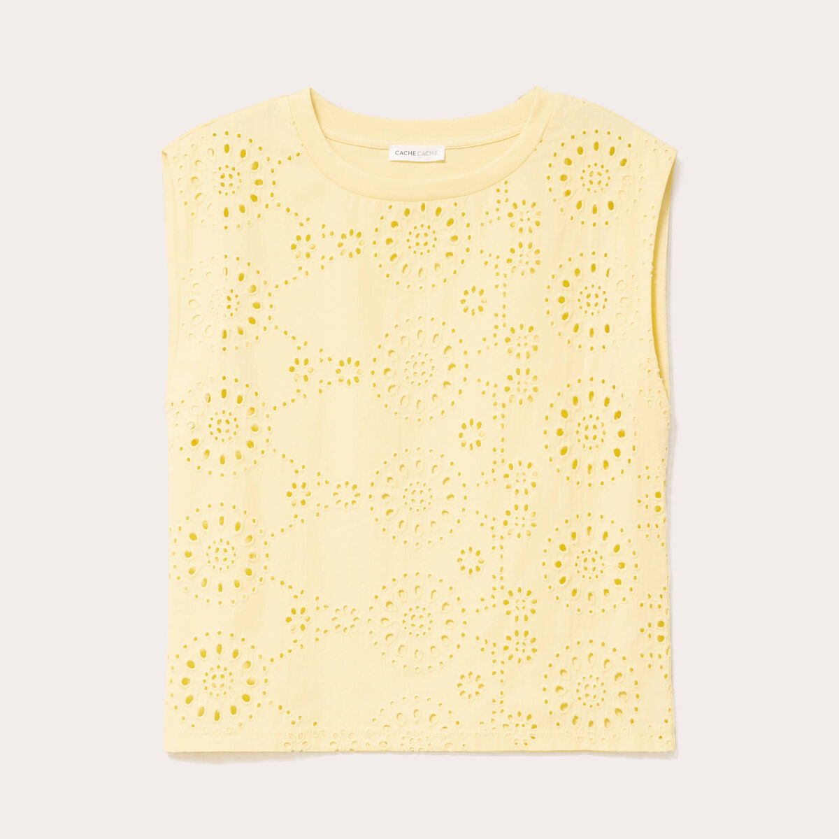 T-shirt sans manches brod&eacute; jaune clair femme