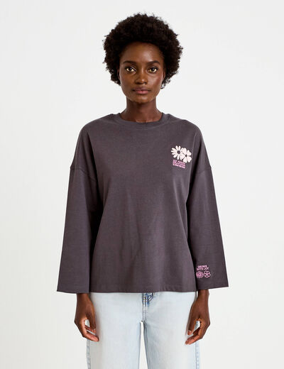 Sweat oversize col rond manches longues gris fonc&eacute; femme