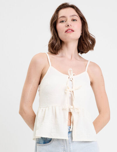 Top droit cropped col v plissé ecru femme
