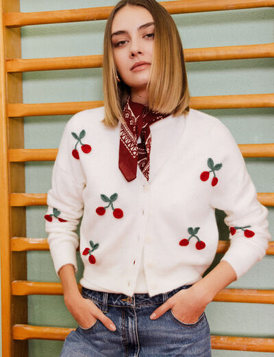 Gilet court brodé ecru femme