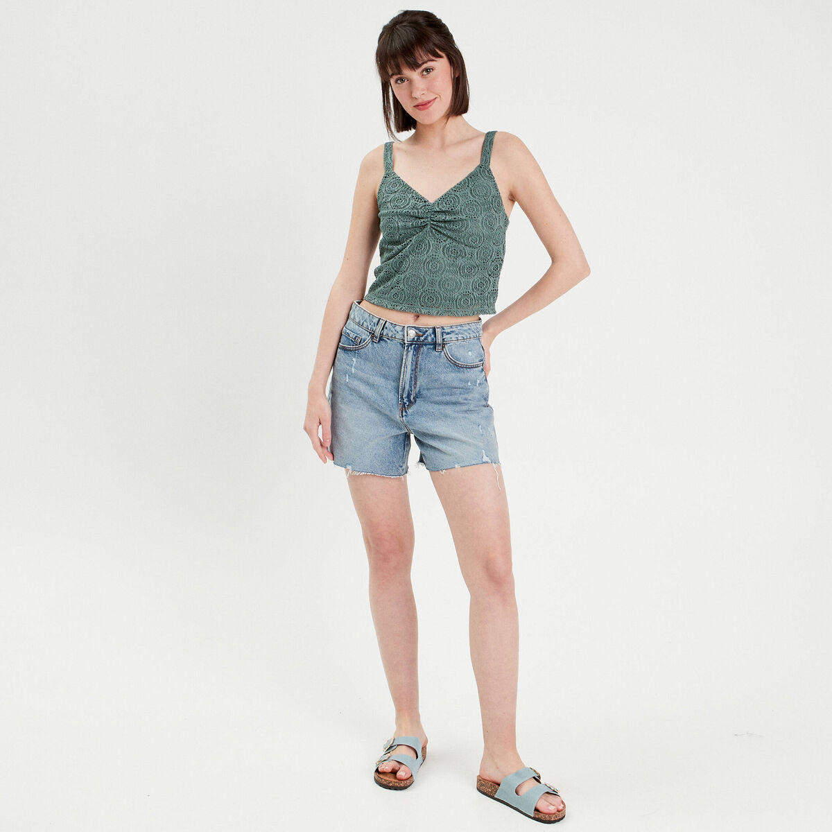 Débardeur cropped dentelle vert foncé femme