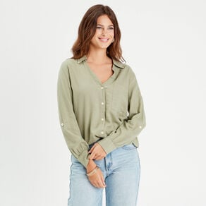chemise manches longues contenant du lin vert kaki femme Chemise manches longues contenant du lin vert kaki femme