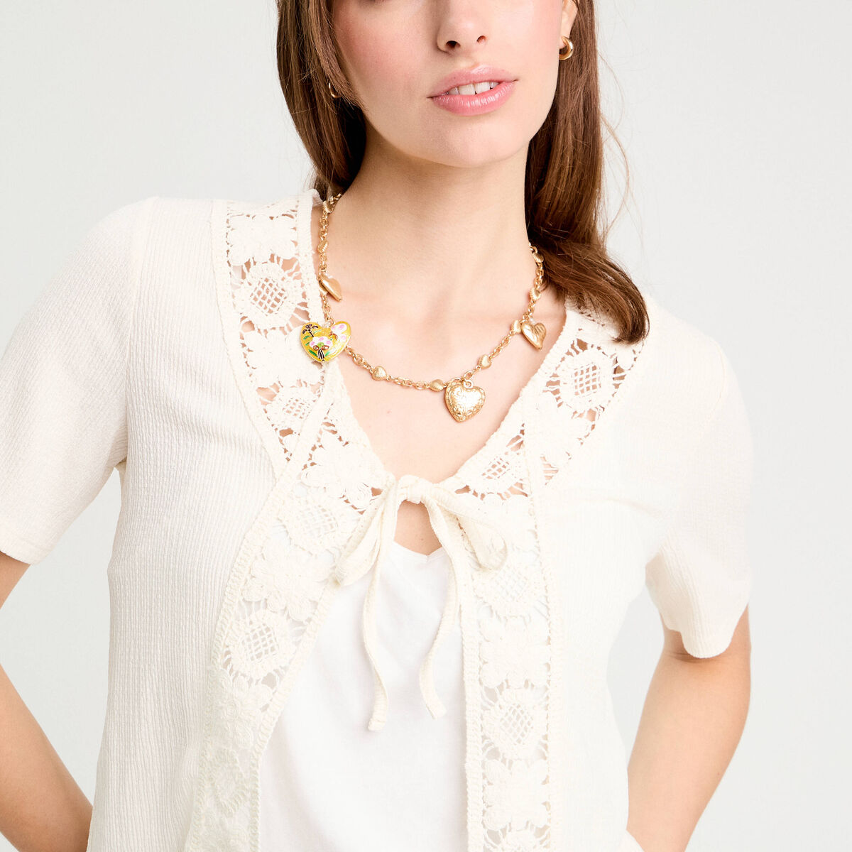 Blouse manches courtes nouée ecru femme