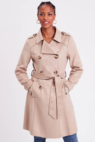 Trench long en suédine boutonné femme beige femme