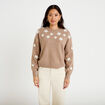 Pull oversize brod&eacute; manches longues beige femme