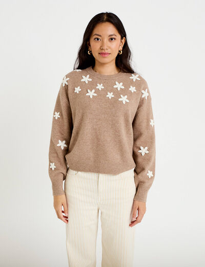 Pull oversize brod&eacute; manches longues beige femme