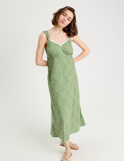 Robe longue évasée vert kaki femme