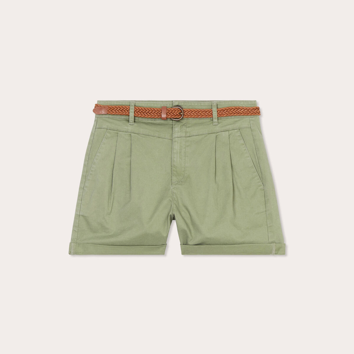 Short chino ceinturé vert kaki femme