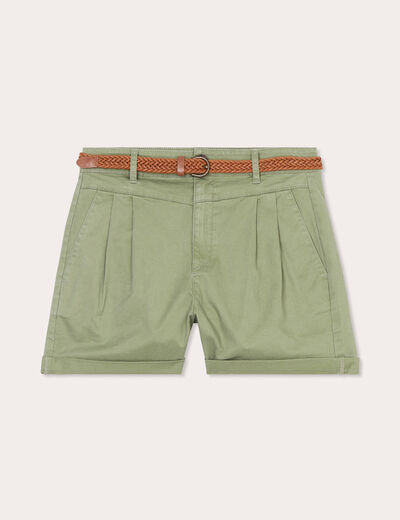 Short chino ceinturé vert kaki femme