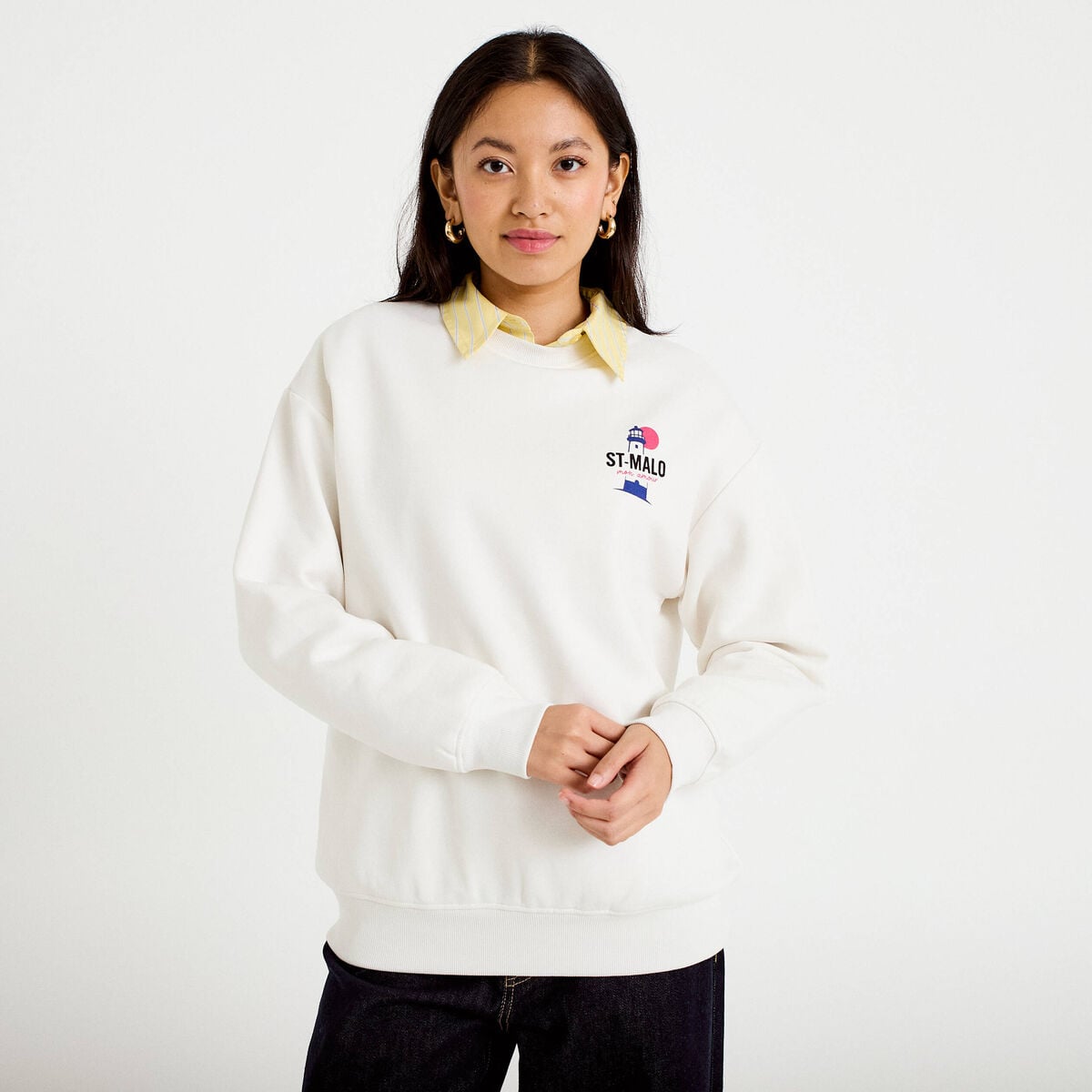 Sweat col rond manches longues ecru femme
