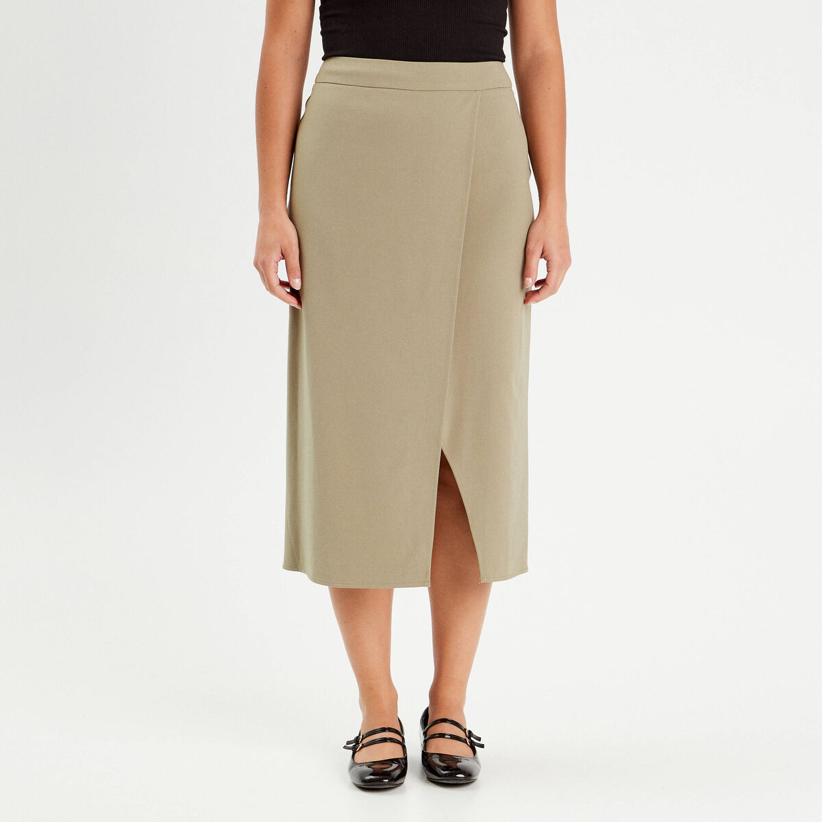 Jupe midi droite vert kaki femme