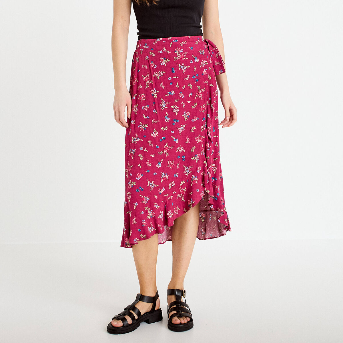 Jupe longue portefeuille rose framboise femme