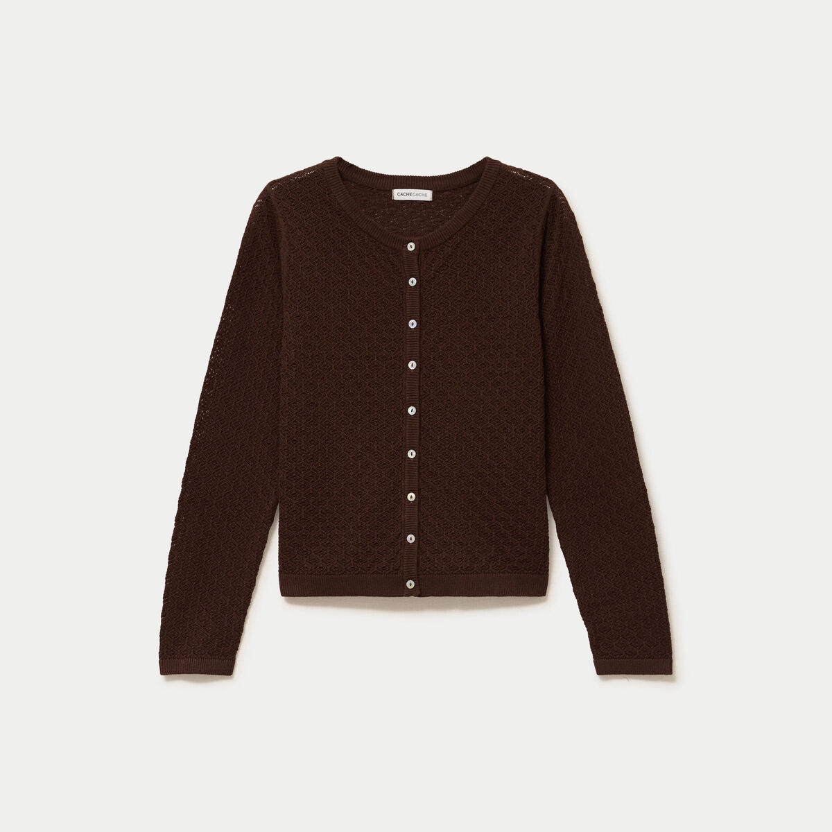 Gilet ajour&eacute; manches longues dentelle marron fonc&eacute; femme