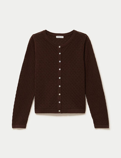 Gilet ajour&eacute; manches longues dentelle marron fonc&eacute; femme