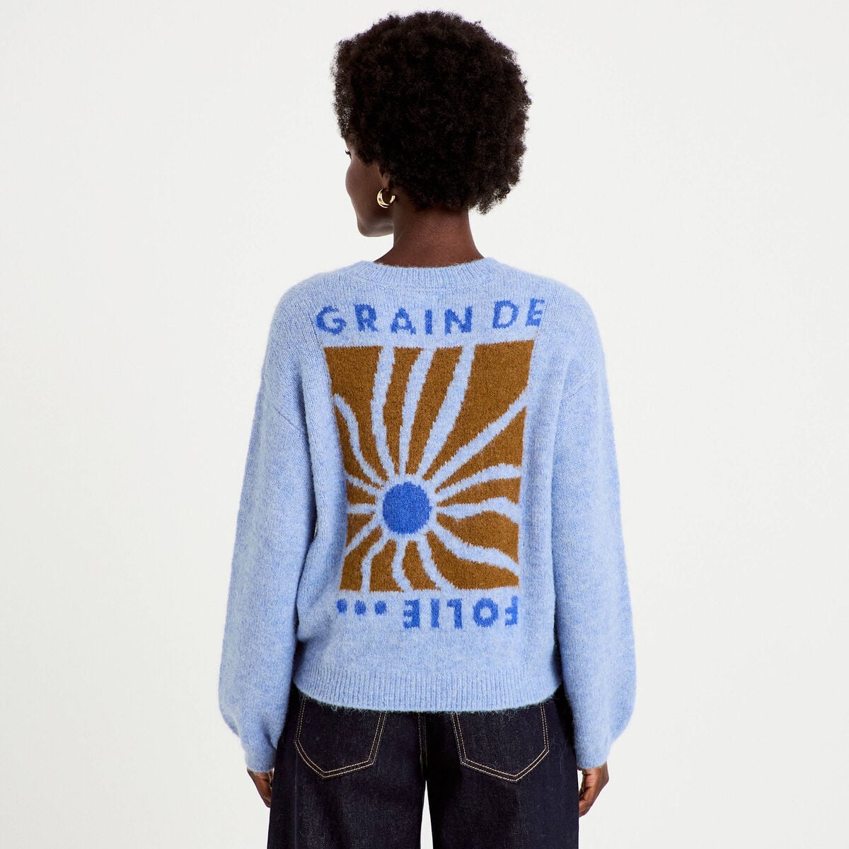 Pull ample col rond manches longues bleu ciel femme